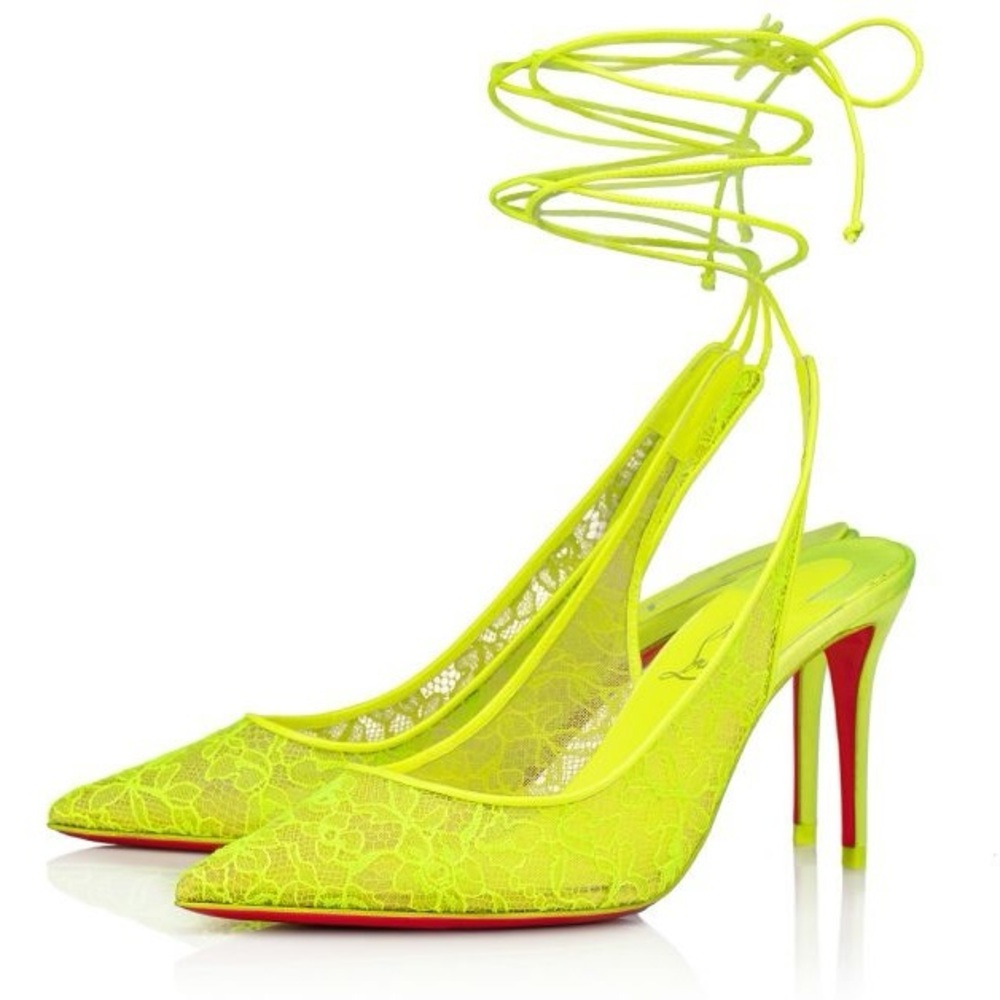Christian Louboutin Lace Up Kate Sling Back Pumps Fluo Yellow Heels